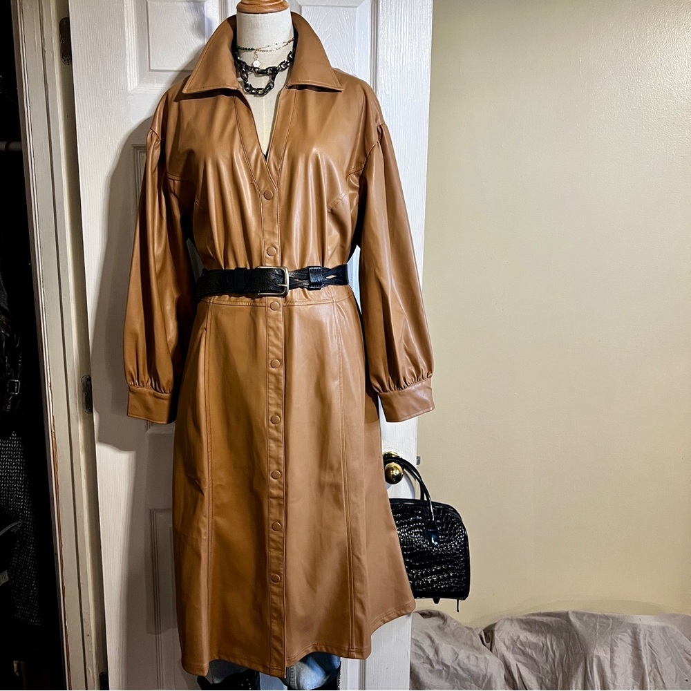 Womens Caramel Faux Leather Retro Puff Sleeve Boho Button Duster Dress Coat 1XP - Picture 2 of 16